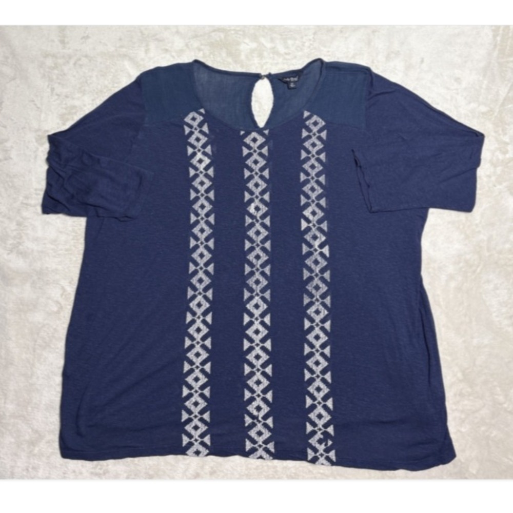 Lucky Brand Linen Blend Top Womens 2X Blue 3/4 Sleeve Embroidered Geometric
